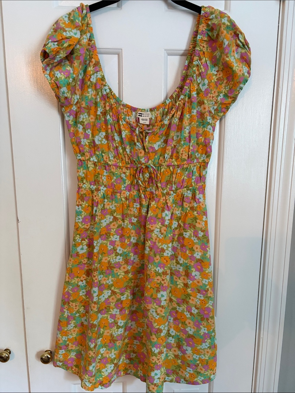 Billabong Yellow Floral Mini Dress with Puff Sleeves